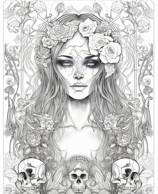 Un disegno di una donna con fiori e teschi.
