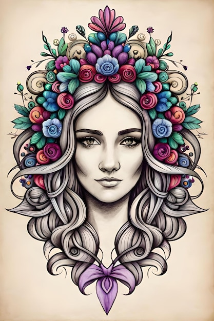 Un disegno di una donna con fiori tra i capelli