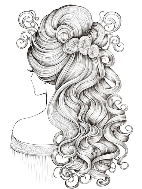un disegno di una donna con i capelli lunghi e un fiore nei suoi capelli generativo ai
