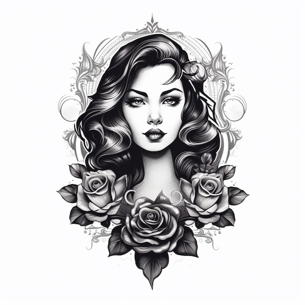 Un disegno di una donna con rose e una corona generativa ai