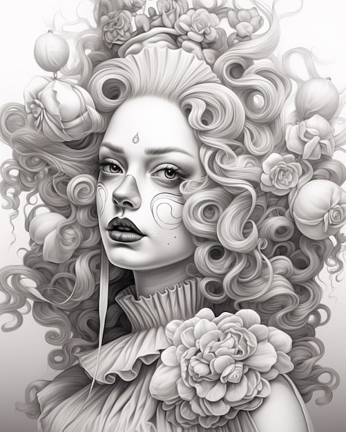 un disegno di una donna con un fiore nei capelli generativo ai