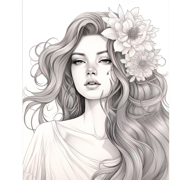 un disegno di una donna con un fiore nei capelli