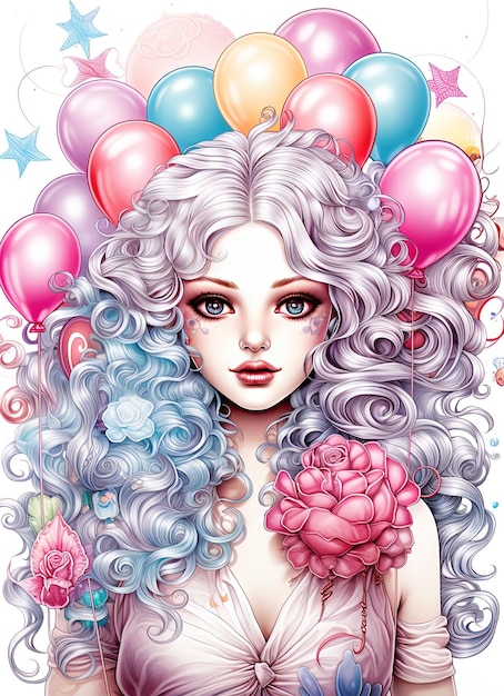 un disegno di una donna con un mucchio di palloncini e fiori