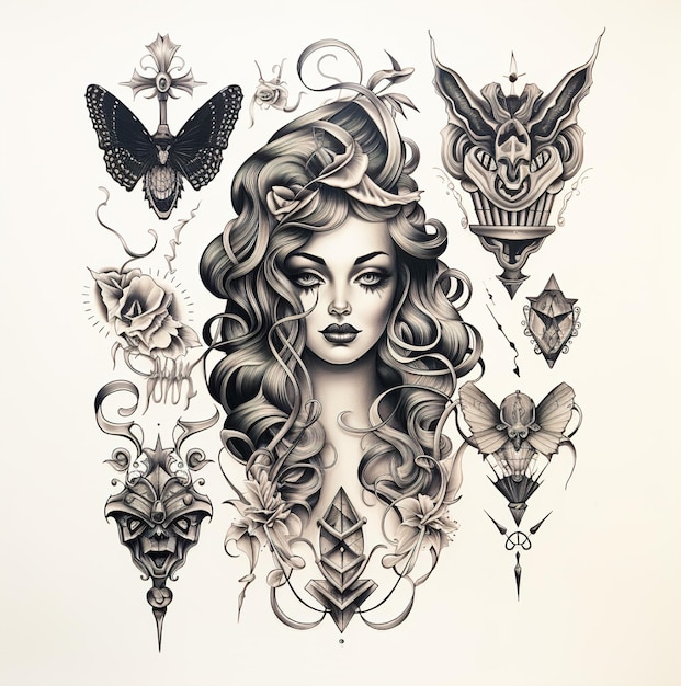 un disegno di una donna con un tatuaggio di una donna con un drago in testa.