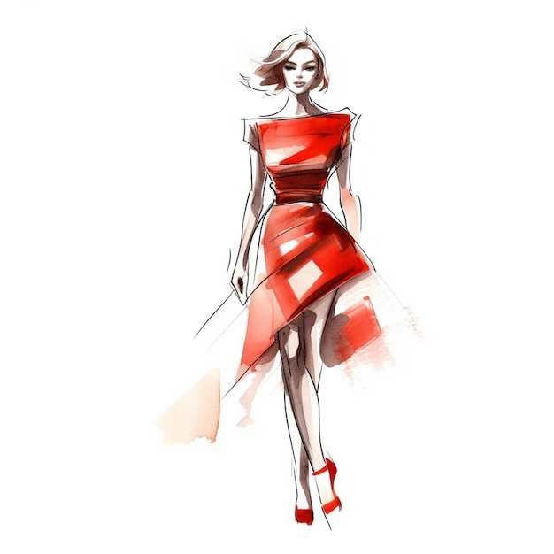 un disegno di una donna con un vestito rosso che cammina generativo ai