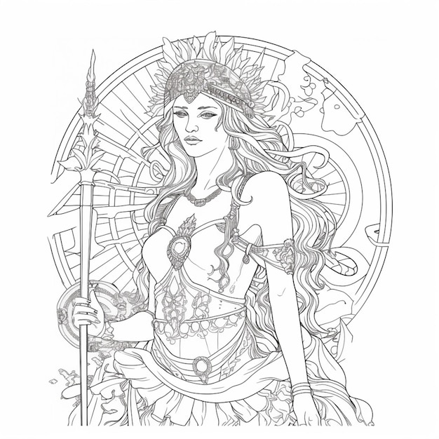 Un disegno di una donna con una lancia e uno scudo generativo ai