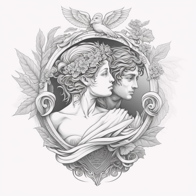 un disegno di una donna e un uomo in una cornice con foglie ai generative
