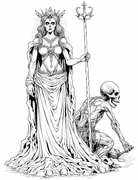 un disegno di una donna in abito con una spada e un demone ai generativo