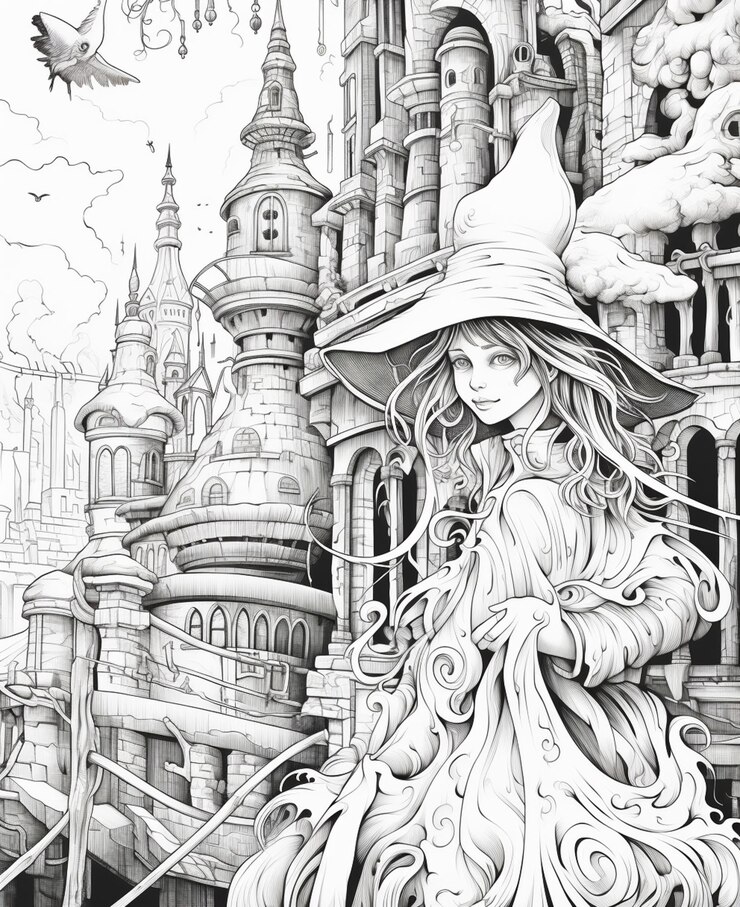 Foto un disegno di una donna in costume di strega in piedi di fronte a un castello generativo ai