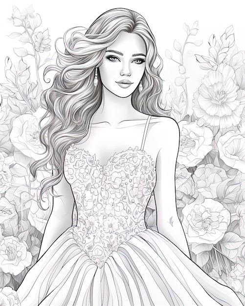 un disegno di una donna in un vestito bianco con fiori sullo sfondo