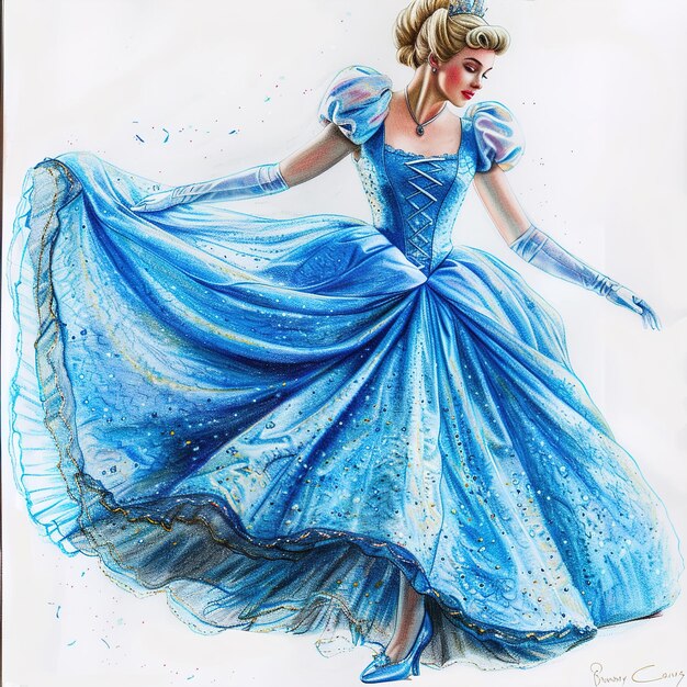 un disegno di una donna in un vestito blu con un vestito azzurro su di esso