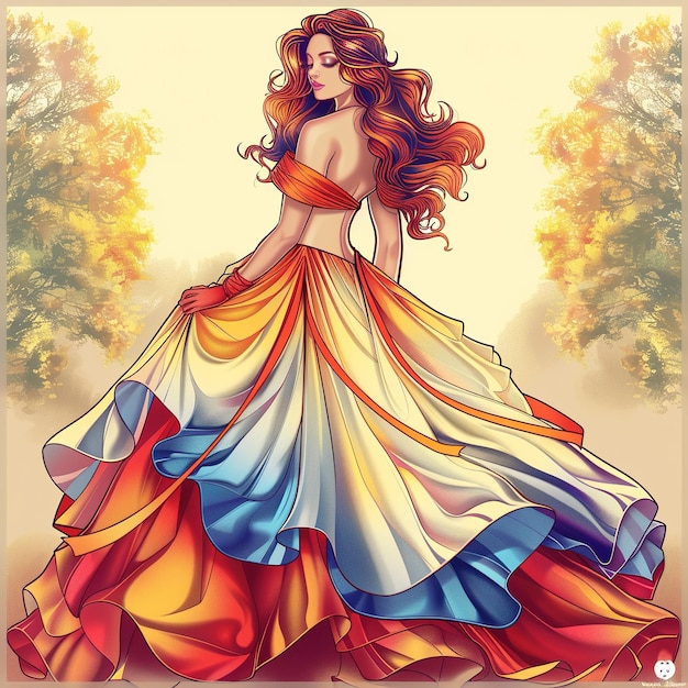 un disegno di una donna in un vestito colorato con la parola shes su di esso