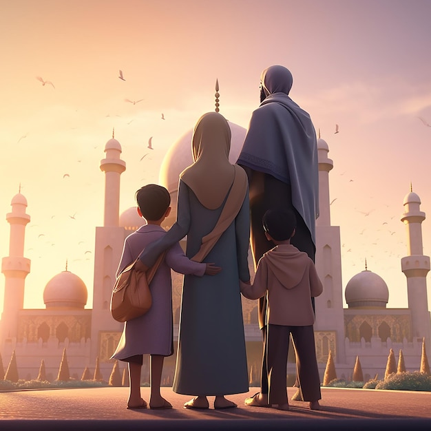 Un disegno di una famiglia che guarda una moschea con il sole che tramonta dietro di loro.