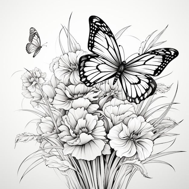 un disegno di una farfalla e fiori con una farfalla che vola sopra l'intelligenza artificiale generativa