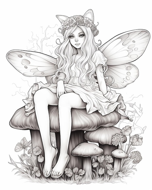 un disegno di una fata seduta su un fungo con una corona di fiori generativ ai
