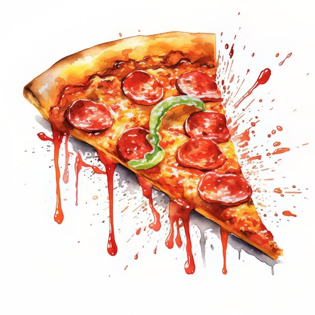 Un disegno di una fetta di pizza con peperoni e peperoni verdi.