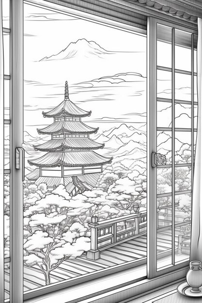 un disegno di una finestra con vista su una pagoda generativa ai