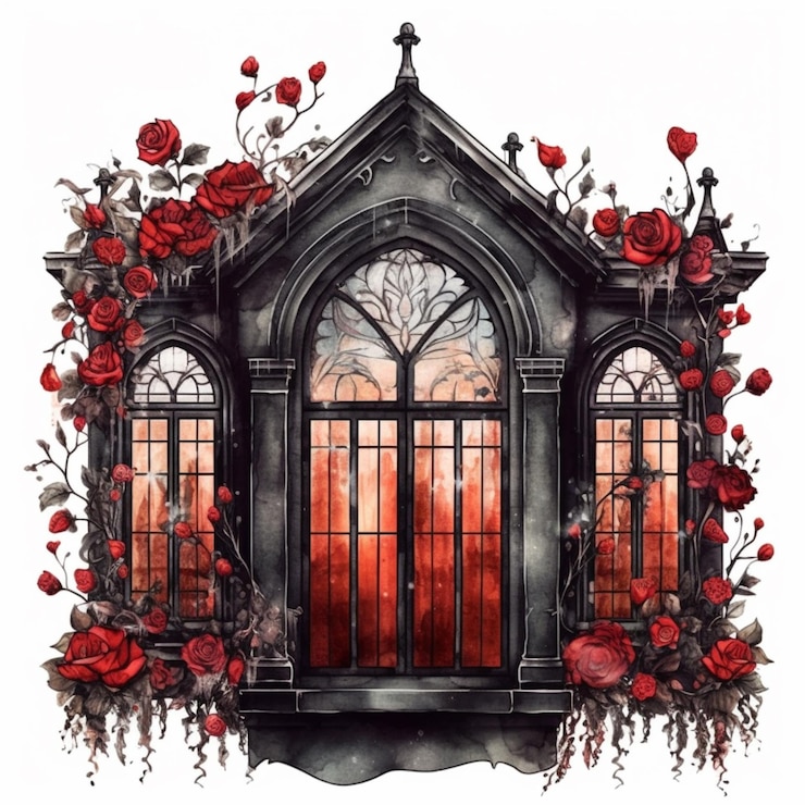 Foto un disegno di una finestra gotica gotica con rose e una croce generativa ai