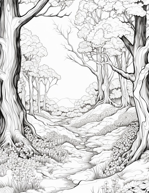 un disegno di una foresta con alberi e un ruscello ai generativo