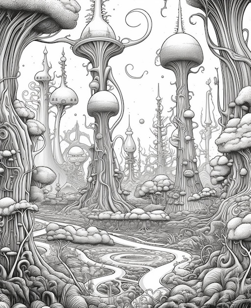 un disegno di una foresta con funghi e alberi generativi ai