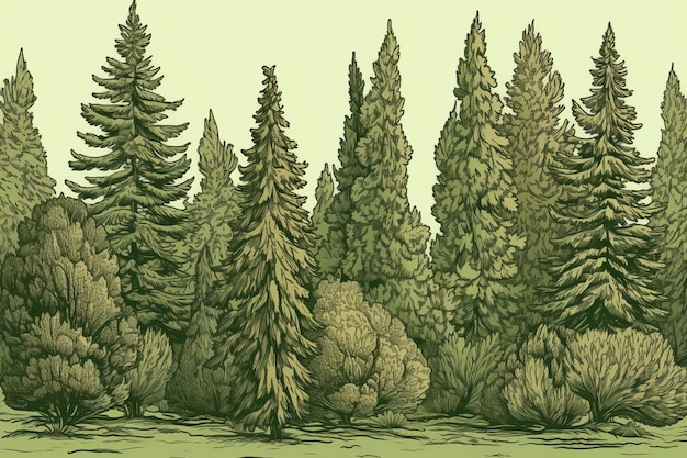 Un disegno di una foresta con uno sfondo verde e una foresta con alberi in primo piano.