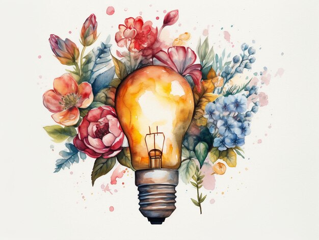 Un disegno di una lampadina con dei fiori sopra