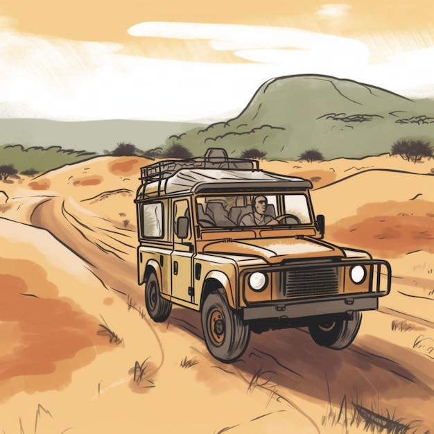 Un disegno di una Land Rover con sopra la parola safari