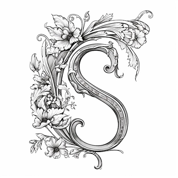 Un disegno di una lettera s con fiori e foglie generative ai