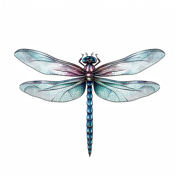 Un disegno di una libellula blu con le ali spiegate.