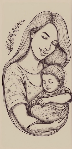 un disegno di una madre e di un bambino con un disegna di una madre che tiene un bambino