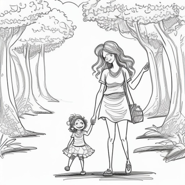 un disegno di una madre e di una figlia con degli alberi sullo sfondo