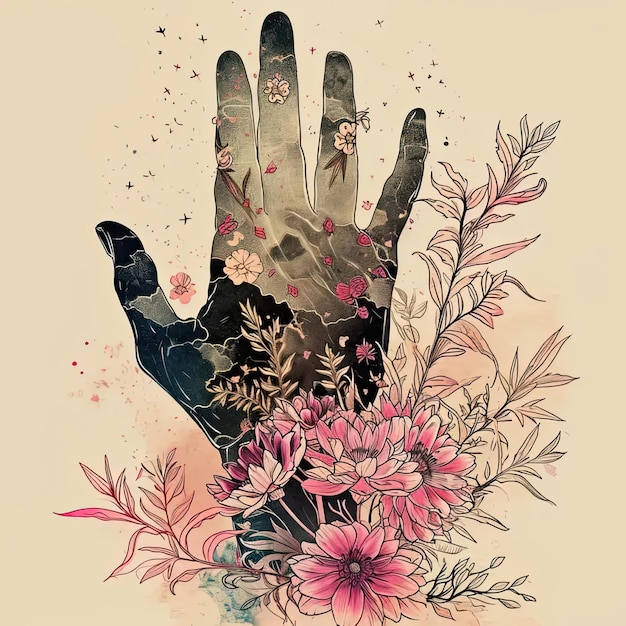 Un disegno di una mano con dei fiori sopra