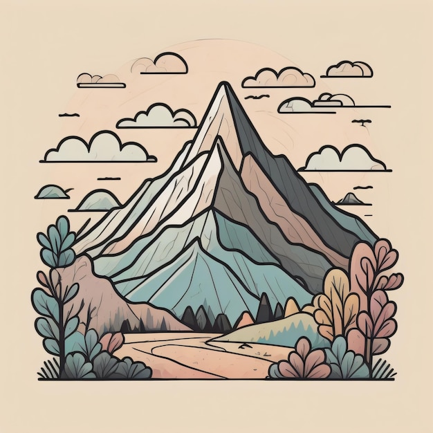 Un disegno di una montagna con una montagna blu sullo sfondo.