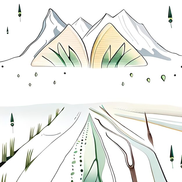 Un disegno di una montagna con uno sfondo verde e bianco.