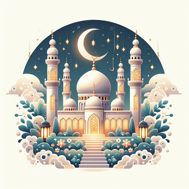 un disegno di una moschea con fiori e una luna sullo sfondo