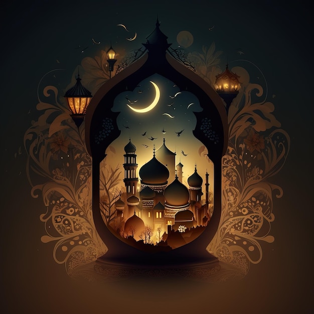 Un disegno di una moschea con sopra una luna e delle stelle