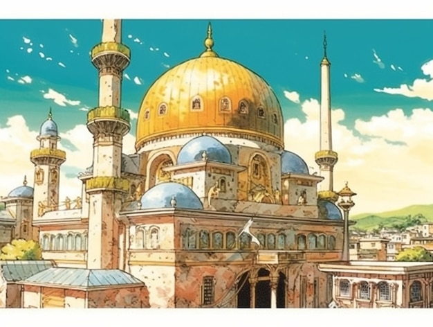 Un disegno di una moschea con un cielo blu