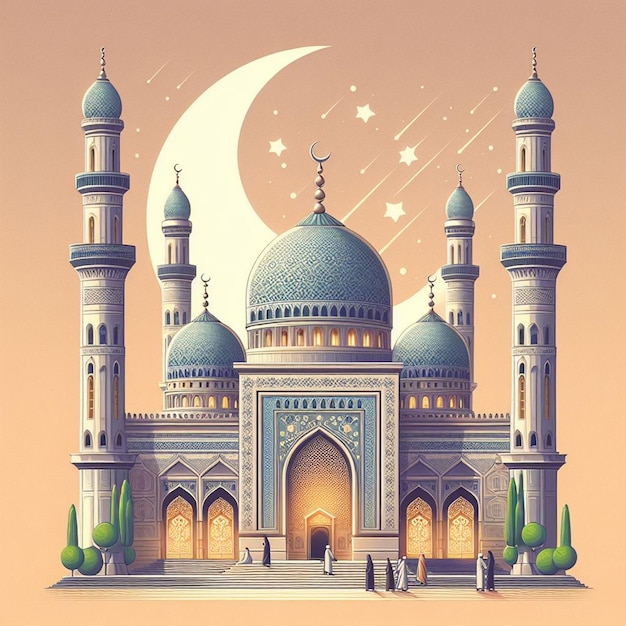 un disegno di una moschea con una luna e stelle su di essa