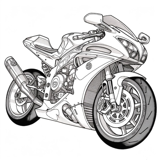 un disegno di una motocicletta con una grande ruota su uno sfondo bianco ai generativa