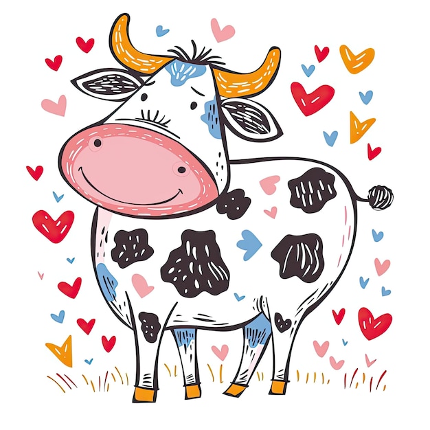 un disegno di una mucca con cuori e un naso rosa
