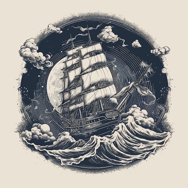 un disegno di una nave che naviga sull'oceano con uno sfondo nero.