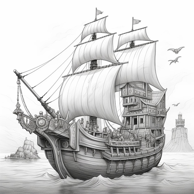 Un disegno di una nave con un faro sullo sfondo.