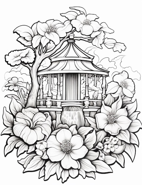 un disegno di una pagoda circondata da fiori e alberi generativi ai