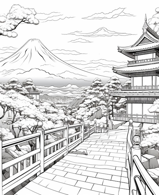 Un disegno di una pagoda con una montagna sullo sfondo