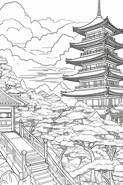 Un disegno di una pagoda in un giardino giapponese con alberi AI Generative