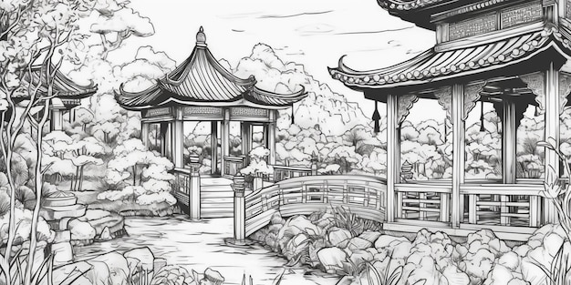 Un disegno di una pagoda in un parco con un ponte ai generativo