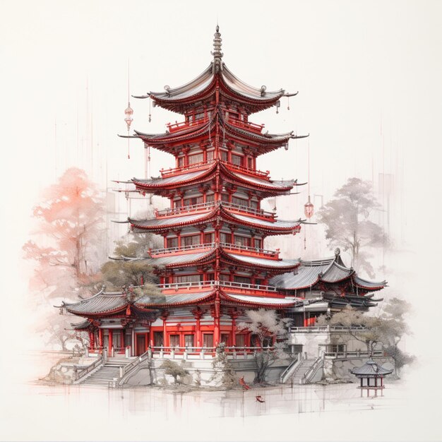 Un disegno di una pagoda rossa con il rosso nello stile generato dalla foto AI