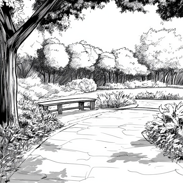 Foto un disegno di una panchina del parco con una panchina in primo piano