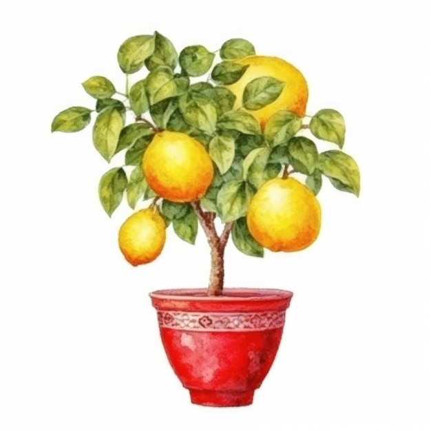 un disegno di una pentola con limoni e una pianta