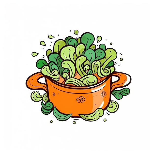 un disegno di una pentola con noodles e fagioli verdi
